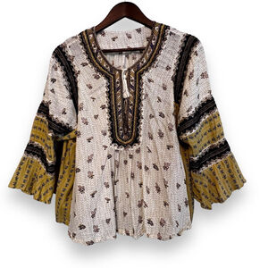 FREE PEOPLE But I LIke It top boho peasant embroidery cream gold blue 3/4 sleeve